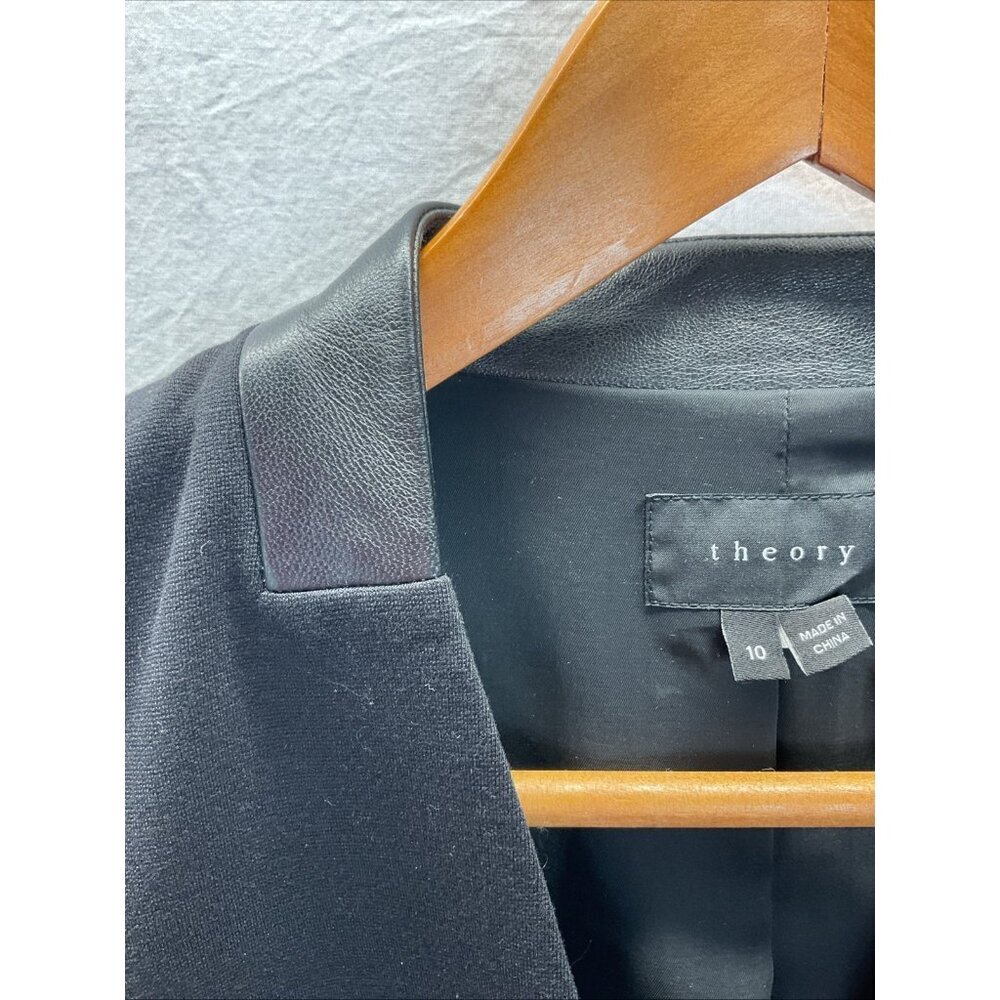 Theory Women's Black Lanai Classic Open-Front leather trim Blazer Jacket Size 10 - Picture 4 of 13